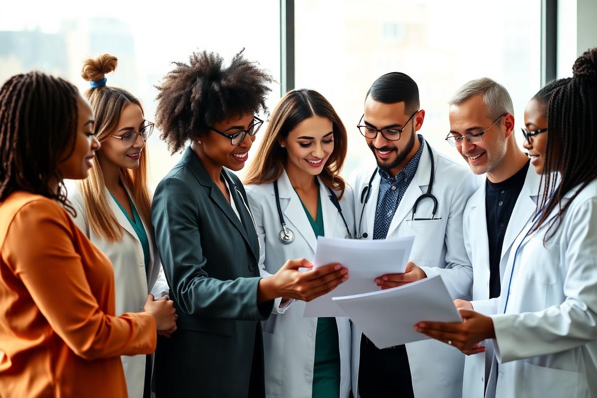 Healthcare team reviewing documentation together in a bright meeting room