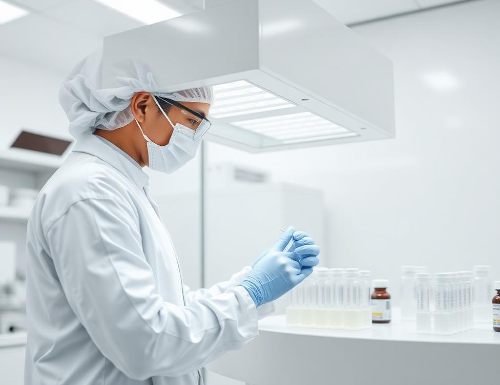 Compounding pharmacy technician preparing sterile vials under a laminar flow hood